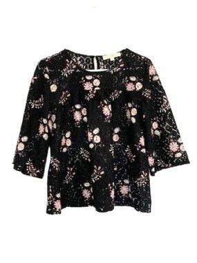 Loft Black Eyelet Lace Floral Top with 3/4 Sleeves